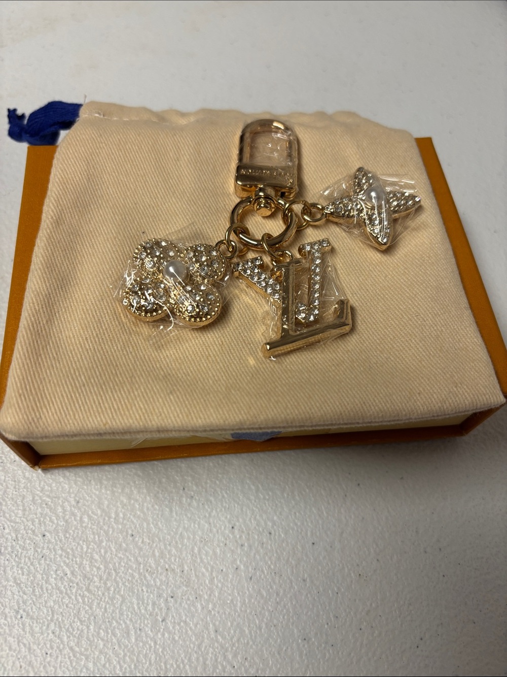 Designer Gold-Tone Crystal Monogram Key Charm - LV Style